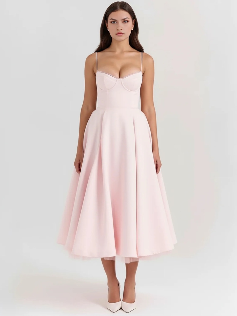 Blush Pink Spaghetti-Strap Fit-and-Flare Midi Dress